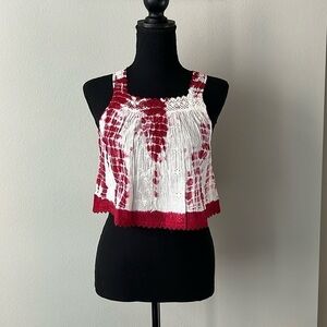 RAGA Anthropologie Tie Dye Tank Top with Crochet Details Red White Size Medium